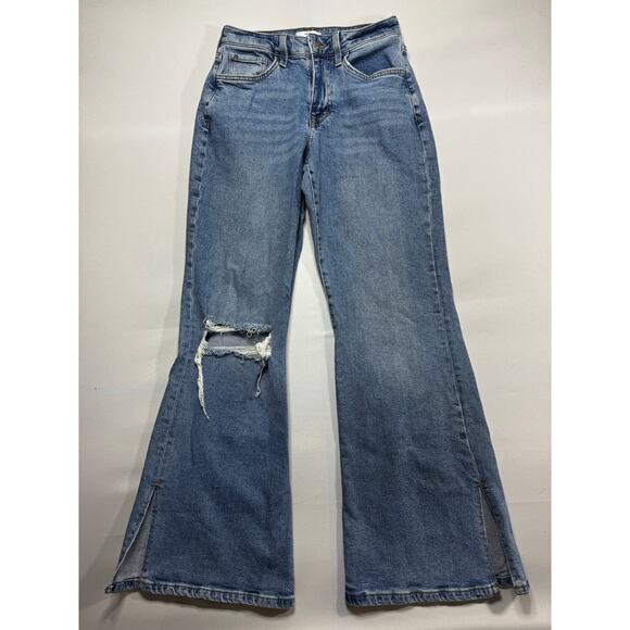 Forever 21 Women's Distressed Flare Split Hem Blue Denim Jeans - Size 25 (27x31) - Picture 1 of 4